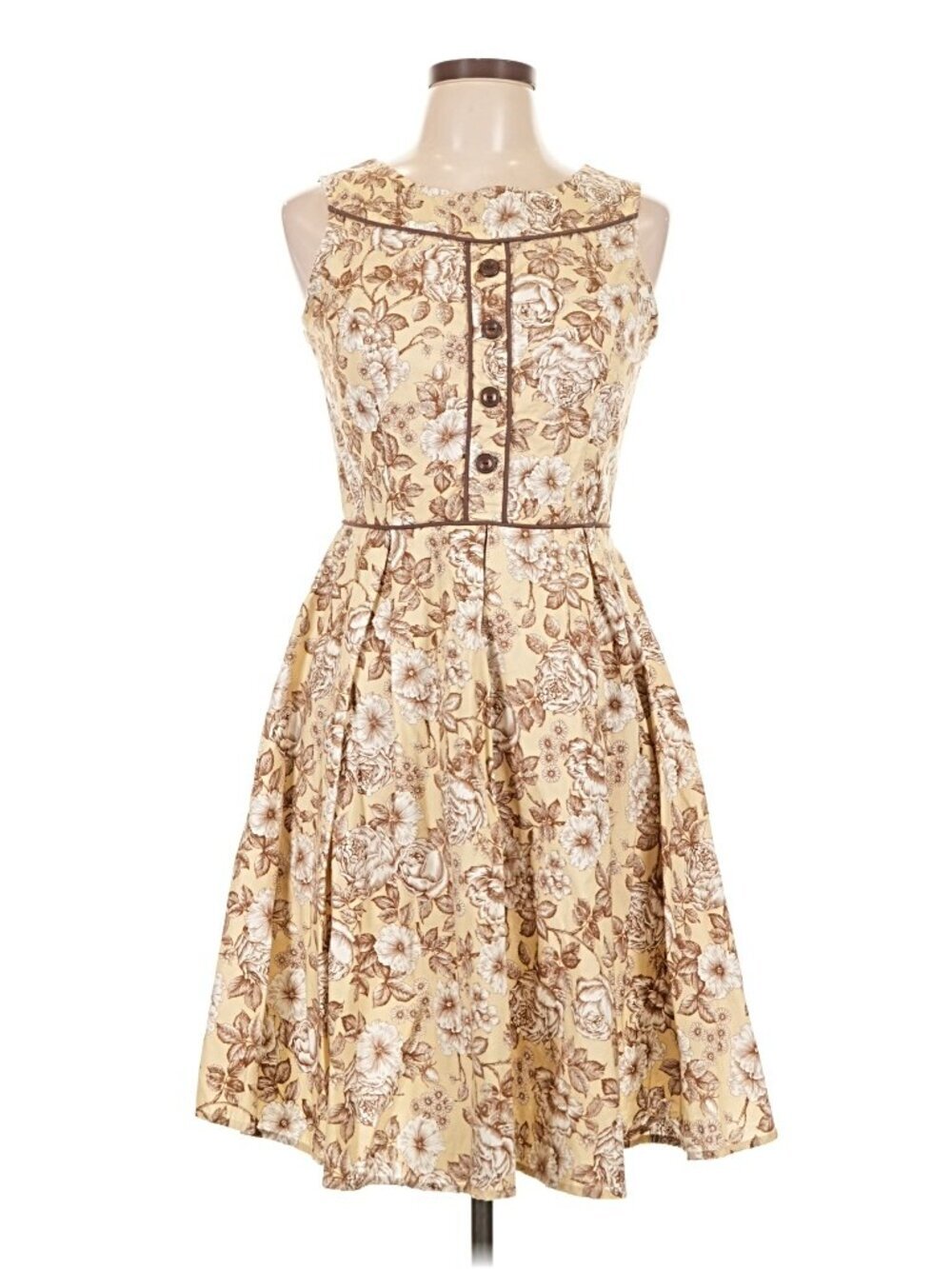 Retrolicious Folter Cream Brown Floral Toile Fit & Flare Dress Large New